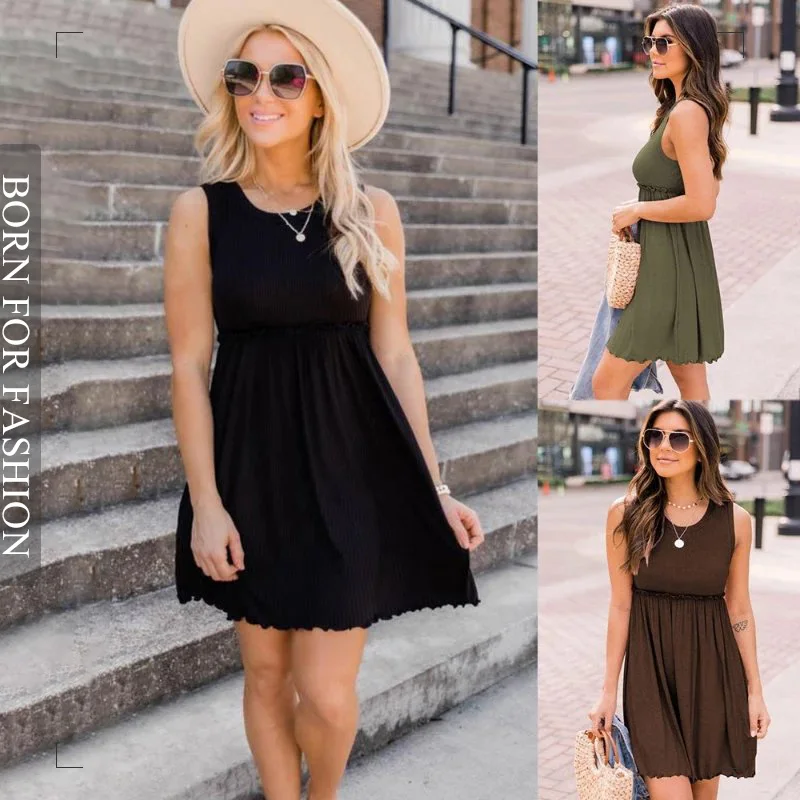 

2023 Summer Solid Color Fashion Street O-Neck Pleated Waist Thread Sleeveless Dress Beach Party Breathable Short Skirt