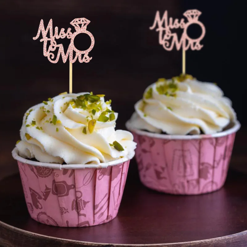 

12/24pcs Mr&Mrs Wedding Cake Topper Rose Gold Glitter Diamond Ring Cake Flags Cupcake Toppers Engagement Party Baking Decoration