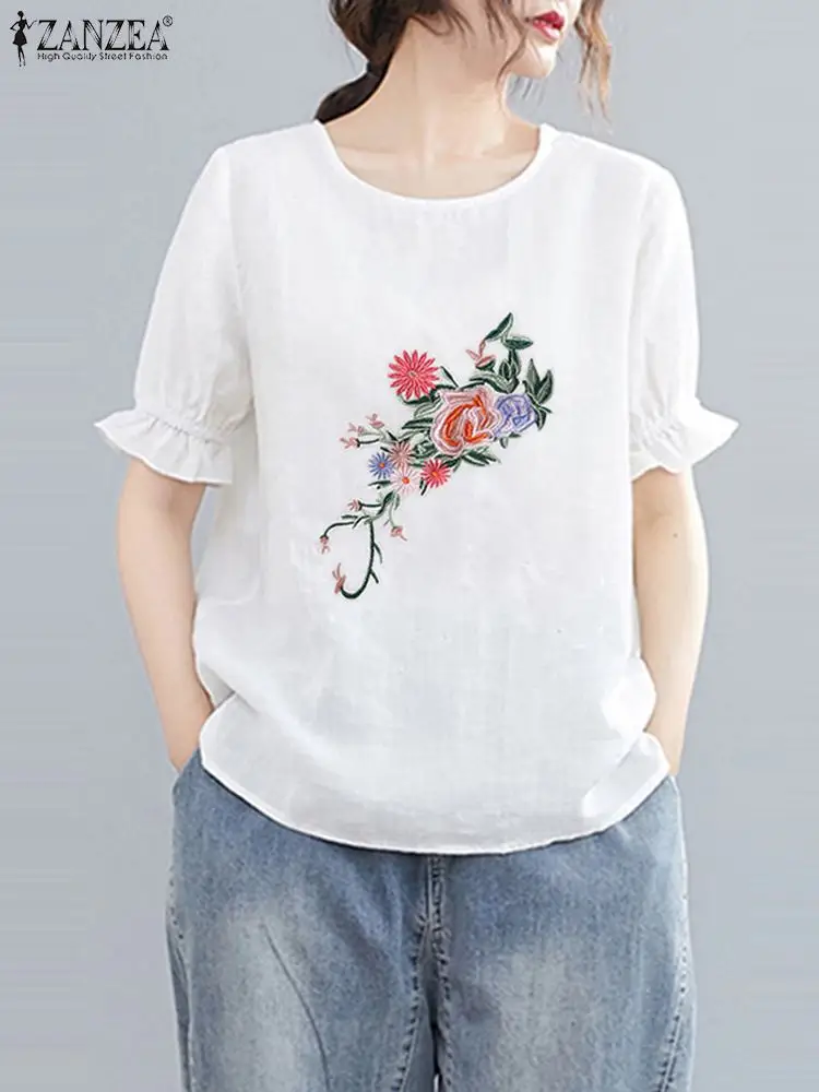 

2022 Праздничная хлопковая рубашка ZANZEA, женские повседневные топы с вышивкой, летняя блузка с винтажным принтом, рабочая рубашка с круглым вы...