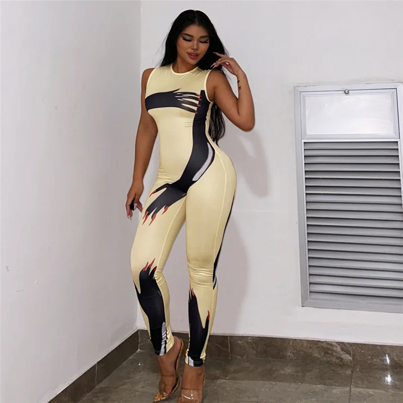

Fashion Print Skinny Jumpsuit Women Casual O Neck Sleeveless Body-shaping Romper Ladies Daily Streetwear Overall