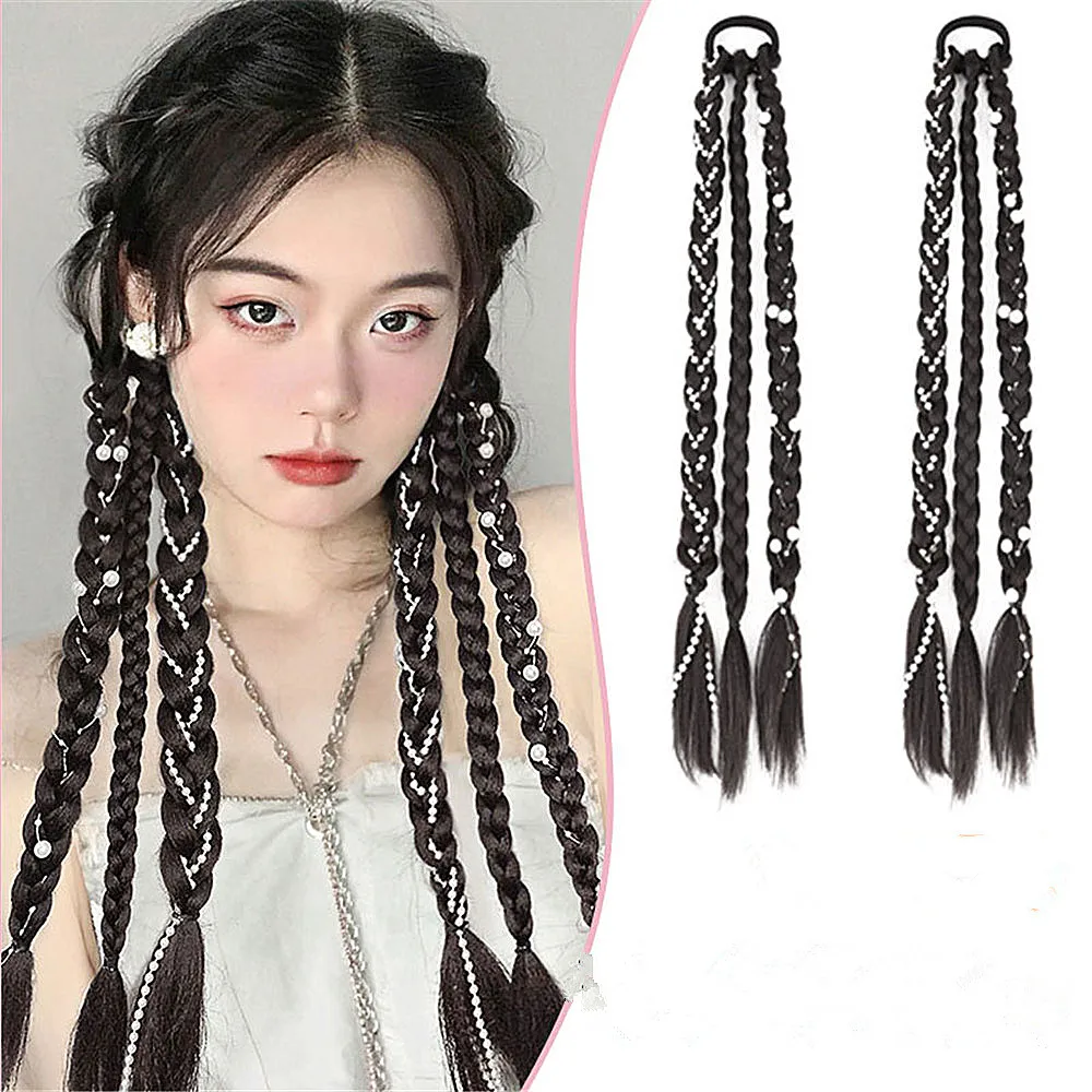 

Braided Ponytail Extensions Natural Hairpiece Long Pony Tail with Hair Tie Rubber Elastic Handmade Pearl Hair Band Hair Accessor