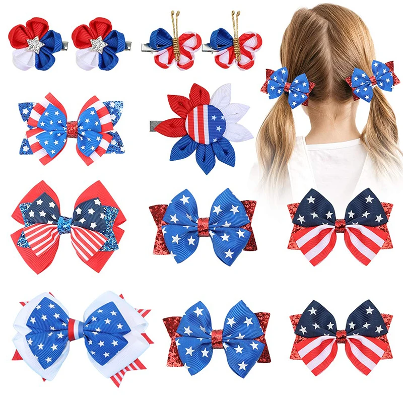 

ncmama 2Pcs Flag Day Glitter Bows Hair Clip Cute Girl Handmade Bowknote Hairpin Kids Barrettes Baby Hair Accessories 4TH of July