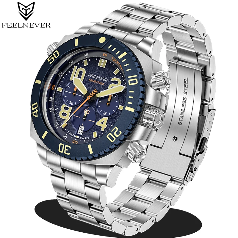 FeelNever Dive Quartz Watch For Men 316L Stainless Steel Clock Sapphire Big Dial Mens Watches 500M Waterproof Reloj Hombre |