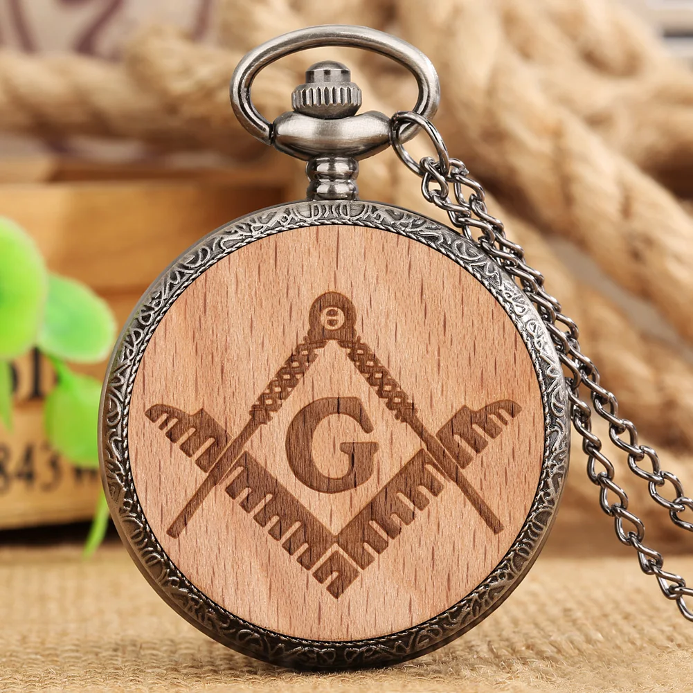 

Retro Mason Wood Pocket Watch Vintage Masonic Freemasonry Beech Quartz Fob Watches Pendant Necklace Chain Clock Antique Gifts