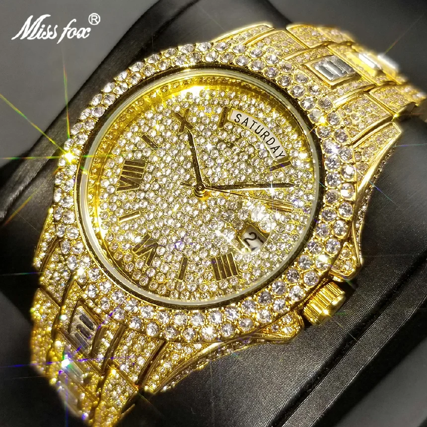 

MISSFOX New Day Date Watch For Men Luxury Full Diamond Gold Quartz Wristwatch Hip Hop Iced Out Waterproof Watches Dropshipping