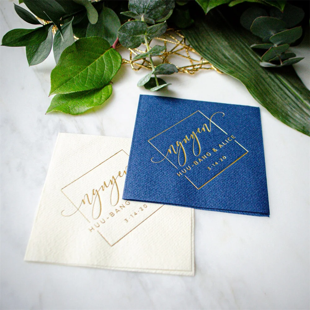 50PCS Square Monogram Linen-Like Wedding Cocktail Napkins Custom Linun Beverage Gold Foil Party Wedd