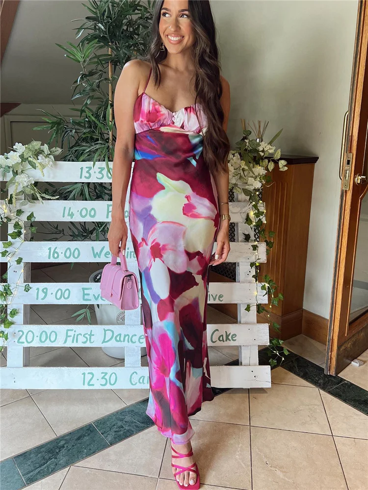 

Женское элегантное фиолетовое длинное платье на бретельках с принтом, лето 2022, женские модные платья с открытой спиной на шнуровке, женское ...