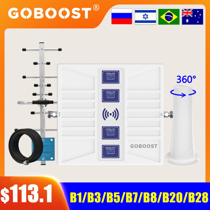 GOBOOST 4 Band Cellular Amplifier B20 800 900 1800 2100 2600 MHz 700 850 1900 1700 LTE 2G 3G 4G Signal Booster 70dB Repeater