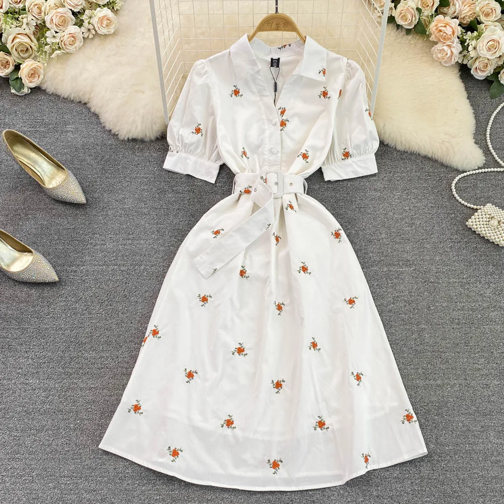 

Autumn Embroidered Shirt Dress Puff Sleeves Waist Slim A-line Dress
