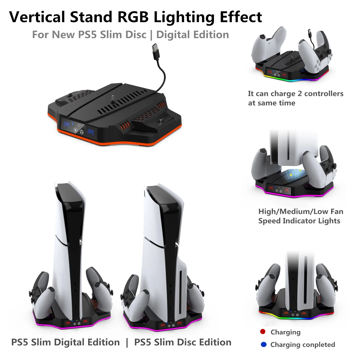 Вертикальная охлаждающая подставка для PS5 с вращающимся 3-скоростным эффектом