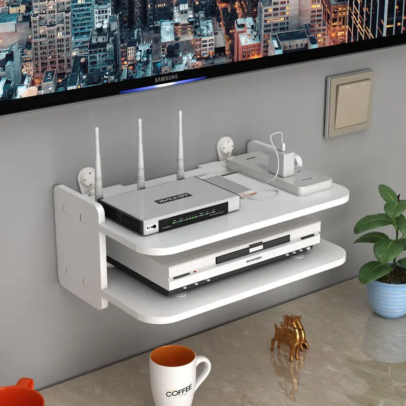 

2-Tier PVC TV Set Top Box Wall Mounting Support Rack Shelf Bracket Remote Control Router Wireless Wifi Storage Stand