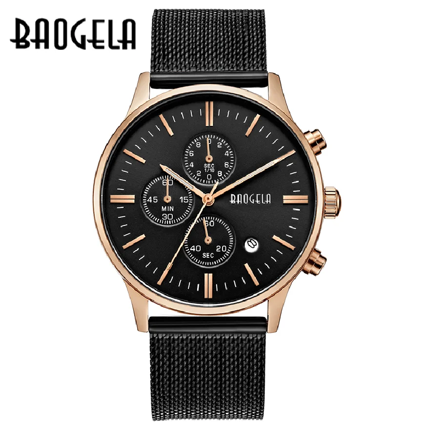 

BAOGELA Fashion Quartz Watch Mens Black Mesh belt thin round Watches Christmas Gifts Men Chronograph Wristwatch For Male