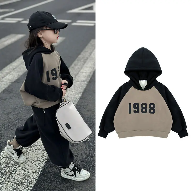 

Girls Autumn And Winter Trendy Casual Korean Style 2pcs Fleece Lined Hooded Jacket+pants Sets For 2-9 Years Girls Cothes Suit