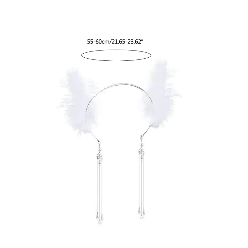 

449B White Feather Headband Furry Feather Headpiece with Tassel Decorative Headwear Plush Hair Accessory for Women
