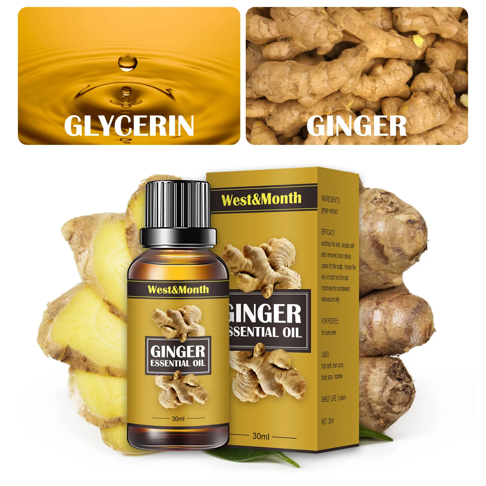 30ml/bottle*3 Natural Ginger Oil Drainage Therapy Anti Aging Plant Essential Promote Metabolism Full Body Slim Massage Oils |