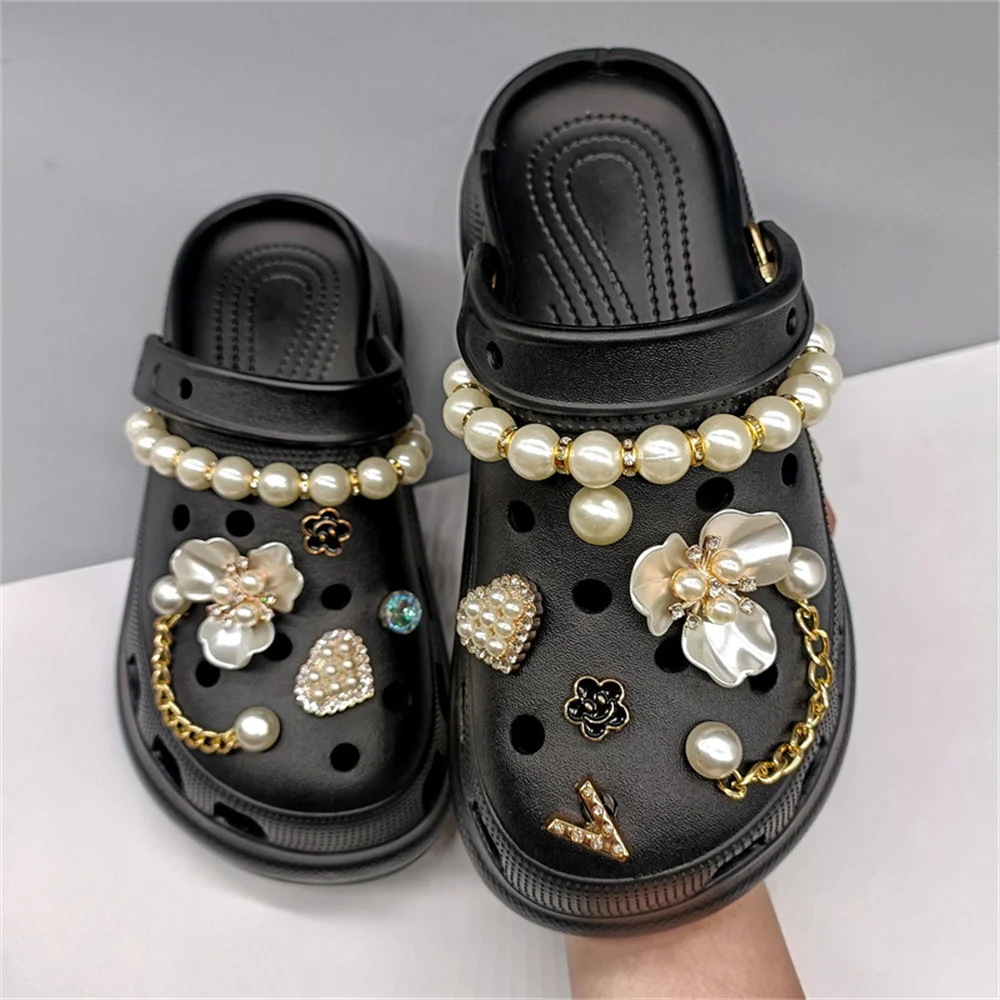 Croc Charms Jibz Metal Diy Pearl Rhinestone Shoe Croc Charms Luxury Designer Accessories  Decorate Buckle Girl Gift
