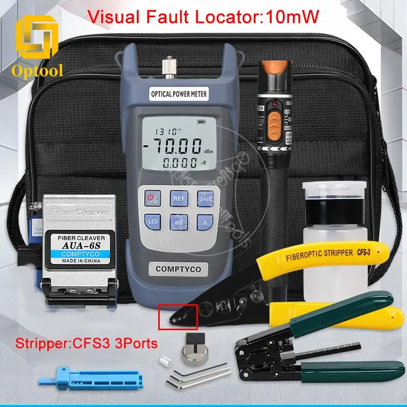 FTTH Fiber Optic Tool Kit with Fiber Optica Power Meter -70 to 10dBm and 10mW Visual Fault Locator AUA-6S FTTH CFS-3 Stripper