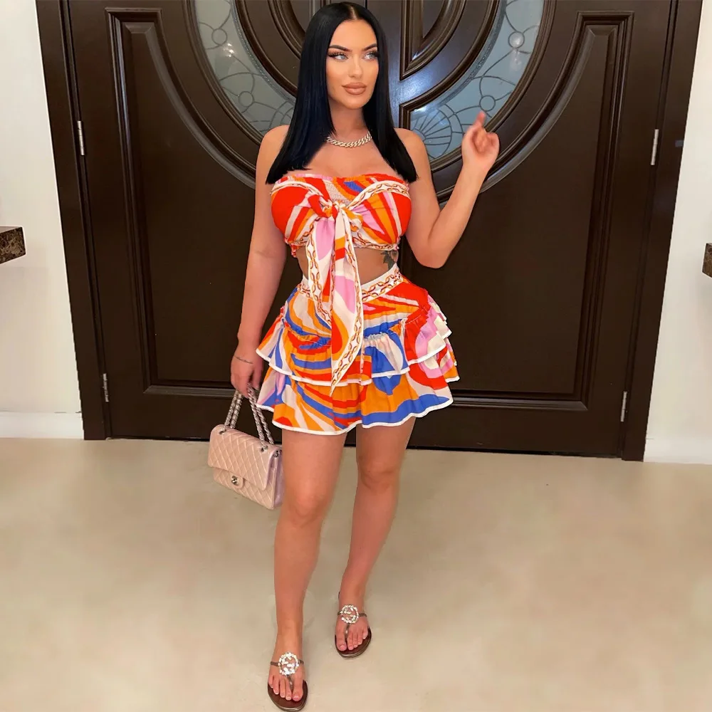 

Summer Vacation Printed Off Shoulder Tied Detail Tops+Ruffles A Line Short Skirts Sexy Two Peice Set for Women Matching Sets