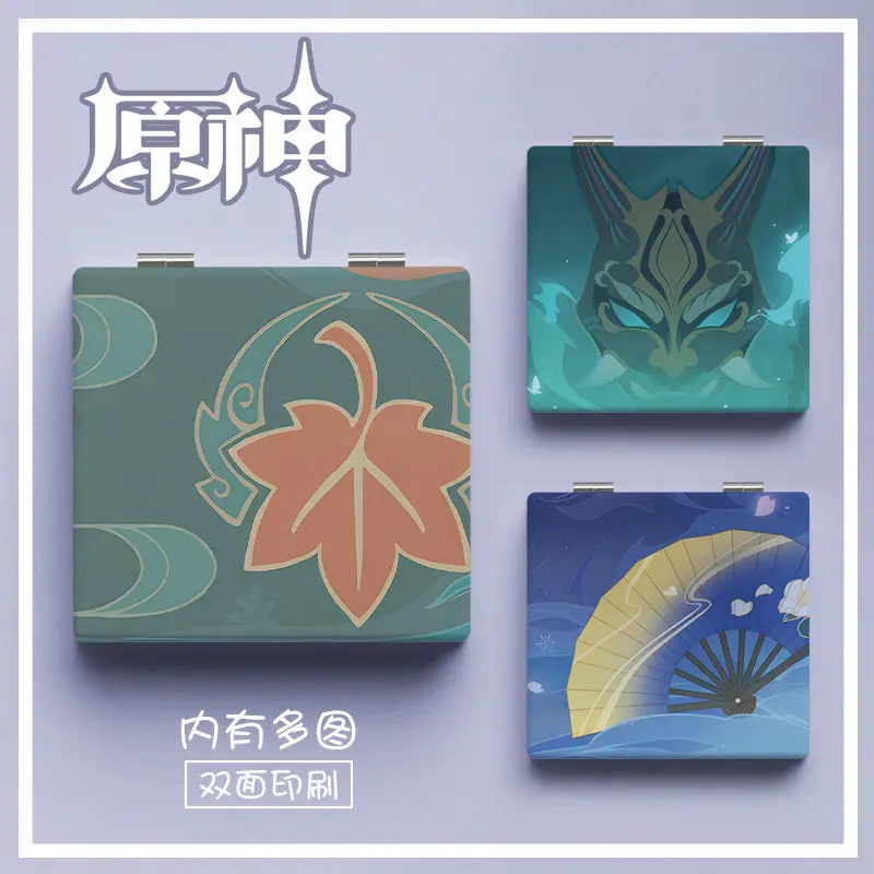 Genshin Impact Abstract Painting Vanity Mirror Cosmetic Magnifying Square Pocket Make Up Mirror for Travel Home Office Mirrors