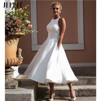 2022 elegant short halter wedding dresses sleeveless a line with pocket custom made tea length bridal gowns white gorgeous