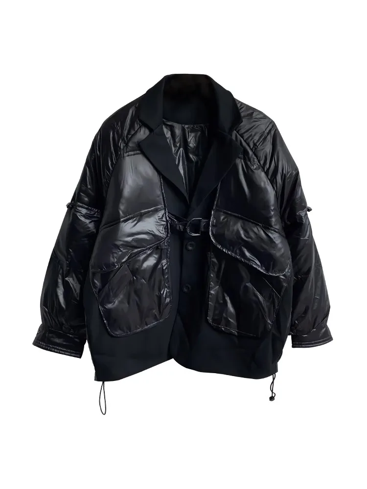 Женская зимняя парка из искусственной кожи с карманами