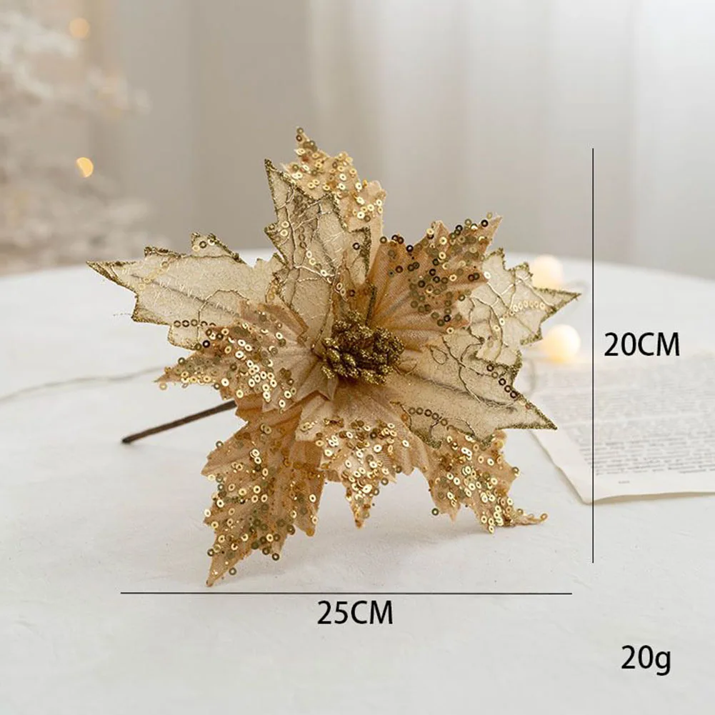 

1pc Christmas Poinsettia Glitter Artificial Flowers Heads Xmas Tree Ornaments Party DIY New Year Party 2023 Navidad Home Decor