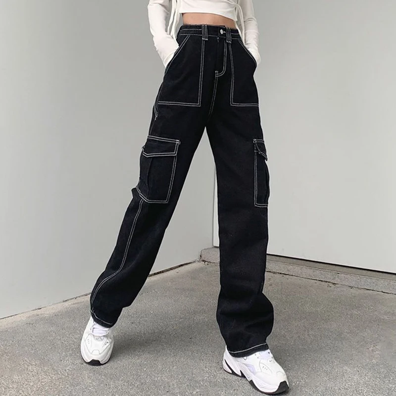 Harajuku Pockets Patchwork Baggy Jeans Women 2022 Autumn Black Wide Leg Denim Trousers Woman Streetwear Loose Cargo Pants