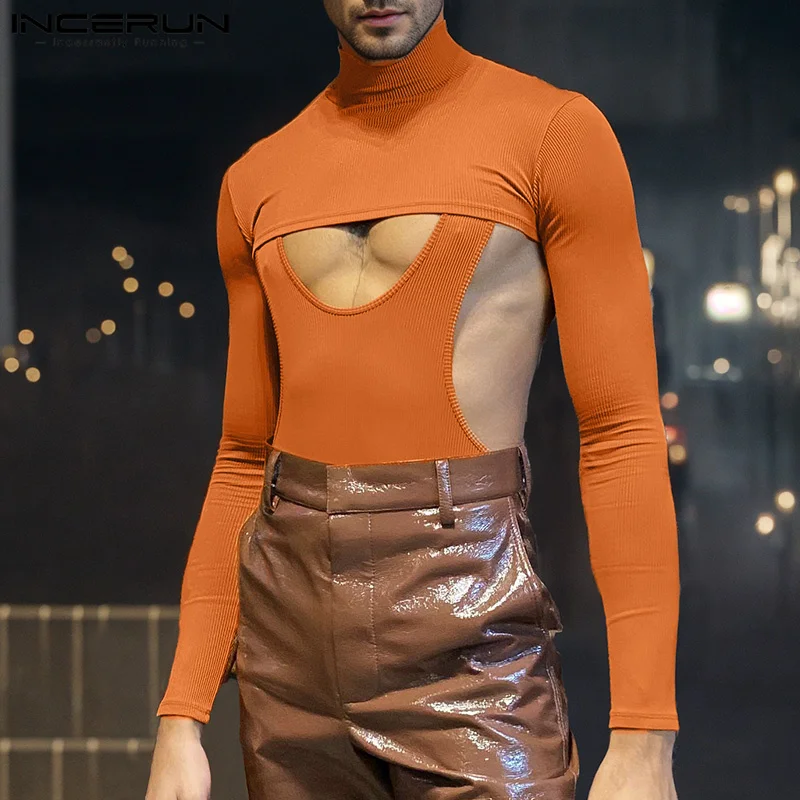 INCERUN мужские повседневные однотонные футболки сексуальные с высоким воротником