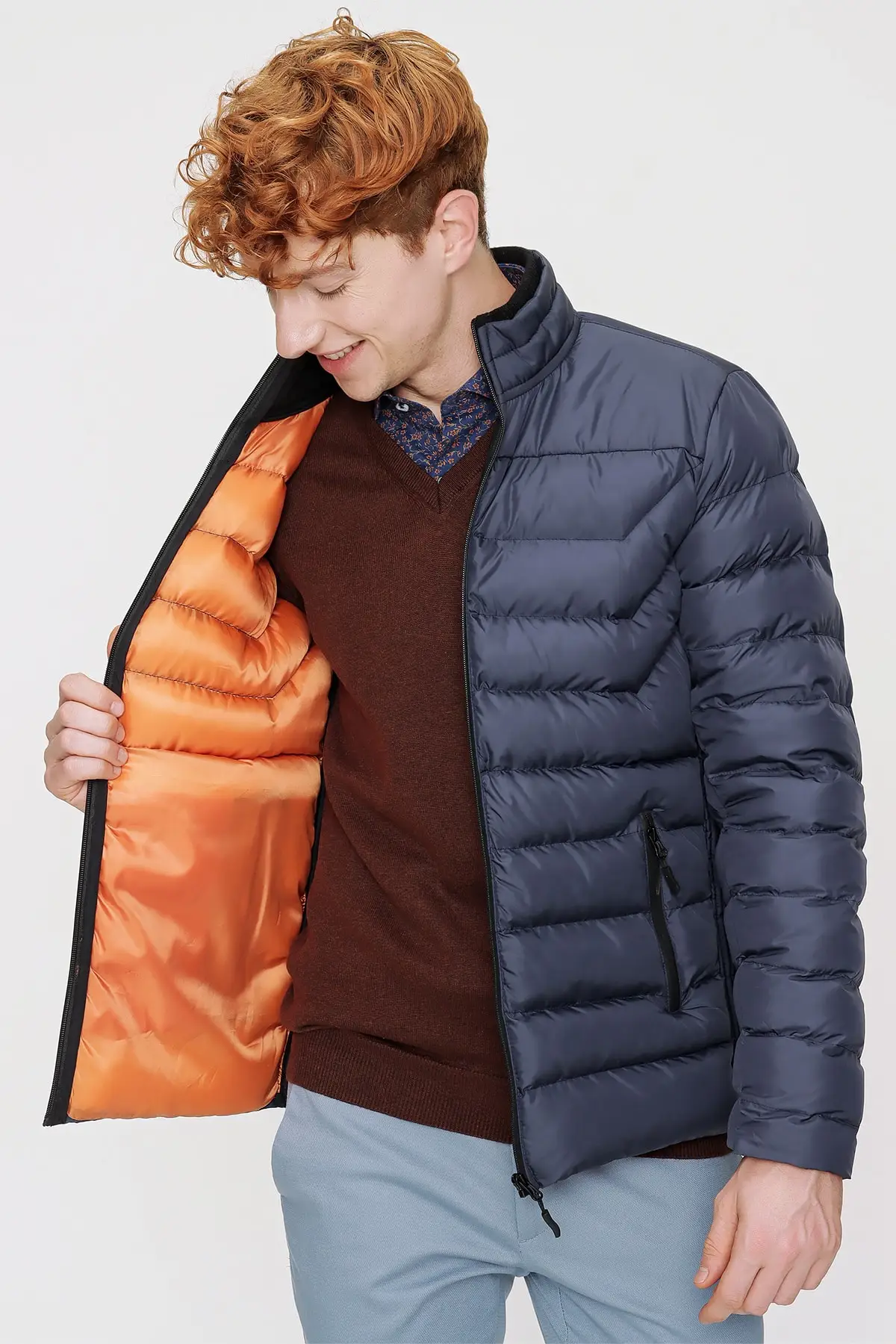 Men's Navy Edmonton Dynamic Fit Casual Fit Zippered Quilted Coat