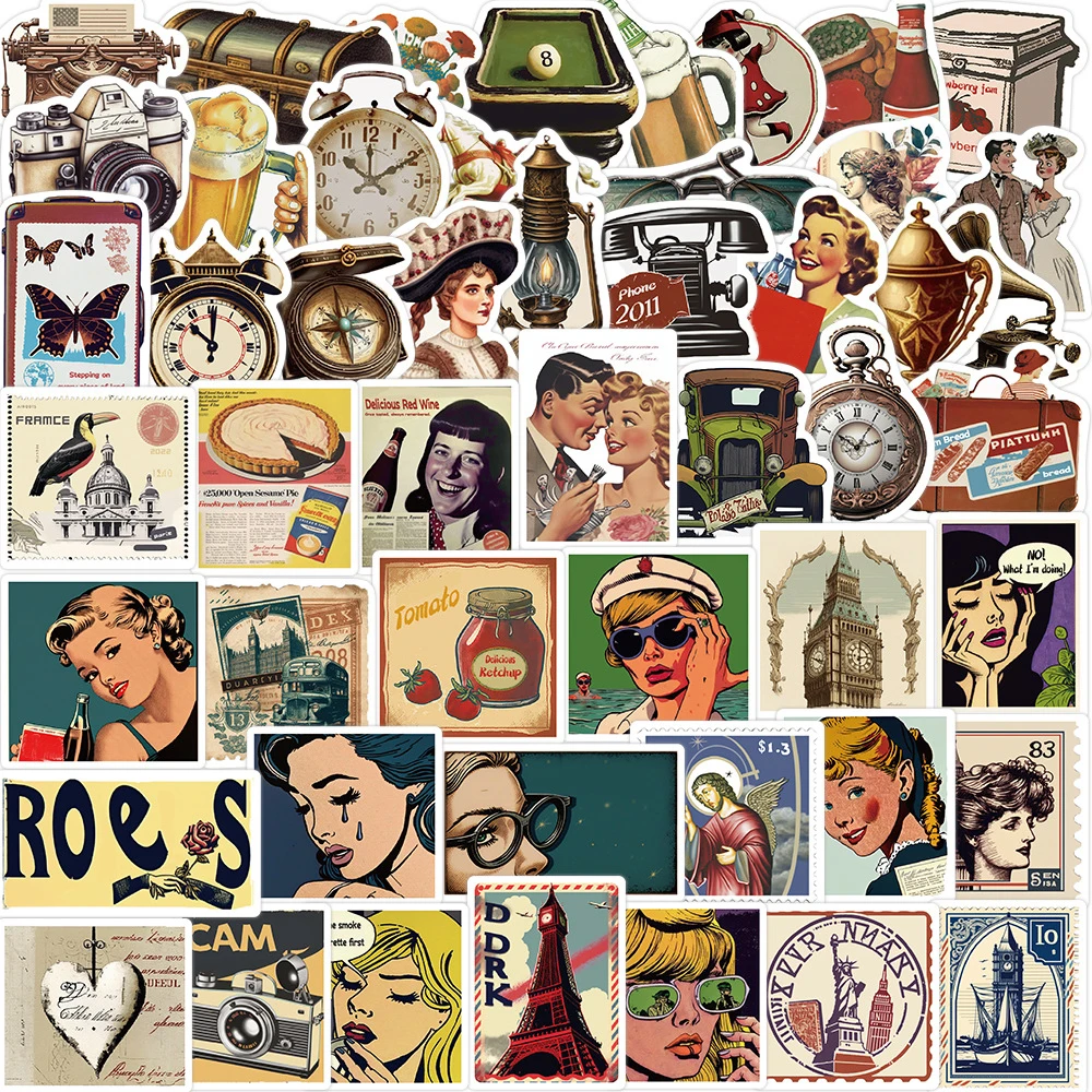 

10/30/50pcs Vintage Girls Posters Stickers Clocks Cameras Art Sticker for Car Bike Motorcycle Notebook Waterproof Decal Kid Toys