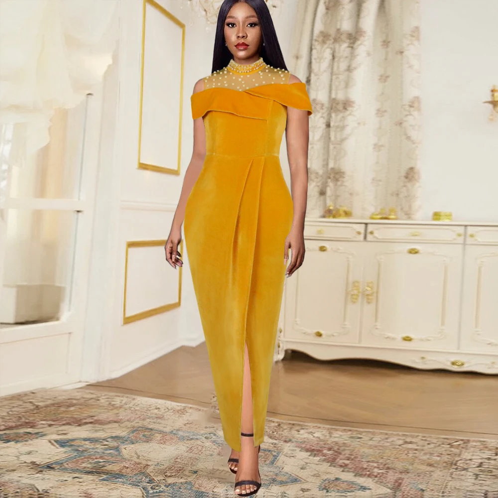 

Женское вечернее платье, желтое однотонное Сетчатое лоскутное платье с высоким воротником и разрезом, роскошные элегантные длинные платья ...