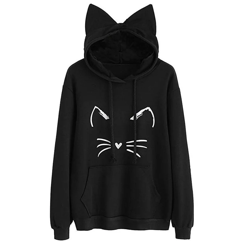 Sweat à capuche à manches longues pour femmes  sweat-shirt avec oreilles de chat  décontracté