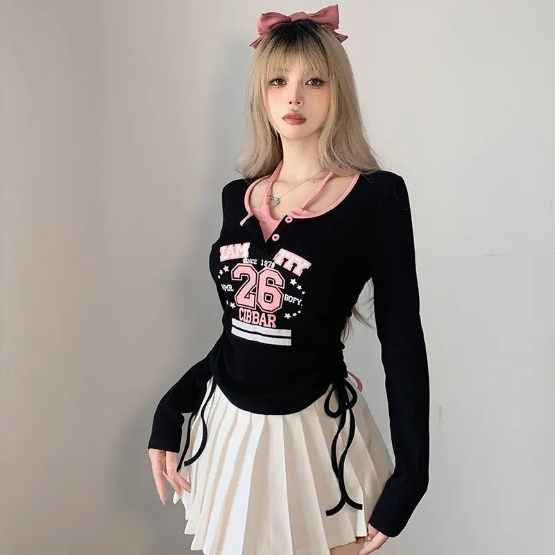 

Hikigawa шикарная модная Женская Лоскутная розовая футболка на шнуровке с принтом уличная одежда на шнуровке бандажный тонкий кроп-Топ для жен...