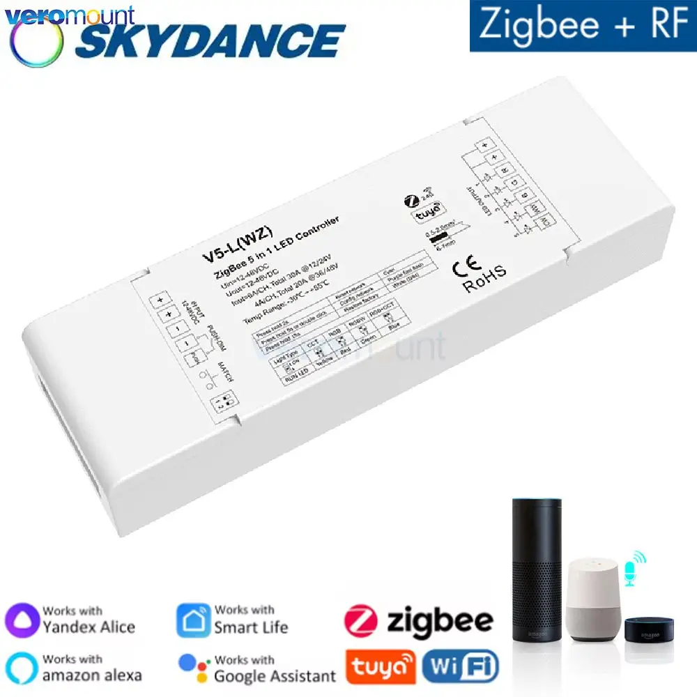 Фото Контроллер Tuya ZigBee RGBCCT 12 В 24 В постоянного тока 48 В 5 в 1 2,4G RF беспроводной шлюз Smart Life PWM для светодиодных лент RGB RGBW V5-L WZ №1