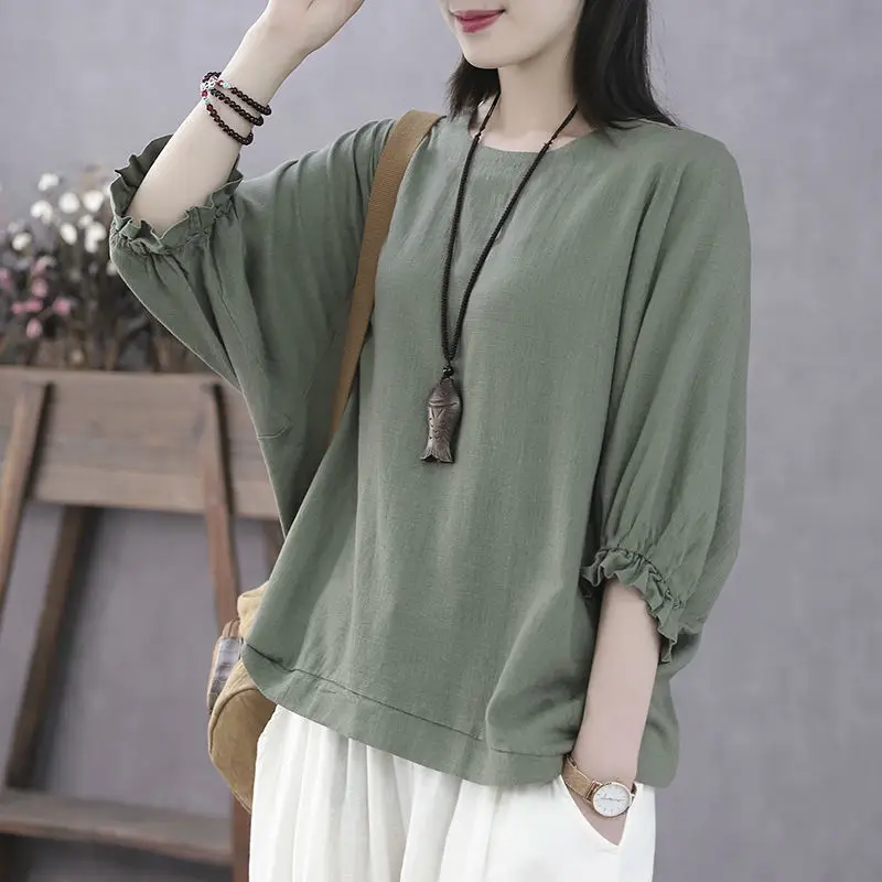

Solid Color T Shirt for Women Loose Round Neck Quarter Sleeve Spring and Summer Woman Clothing Vintage Casual Top