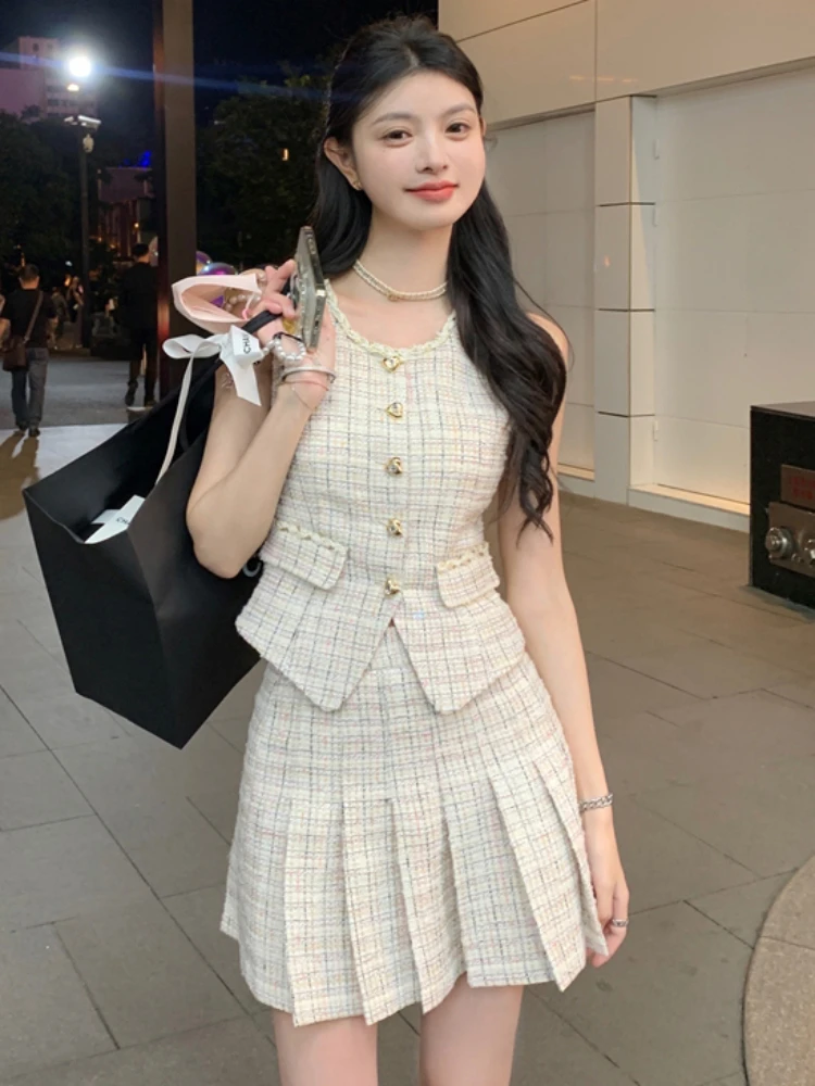 

Small Fragrance Tweed Fashion Ladies Set Chic Vest O Neck Top + High Waist Pleated Slim Skirt Korean Autumn Women Two Piece Set