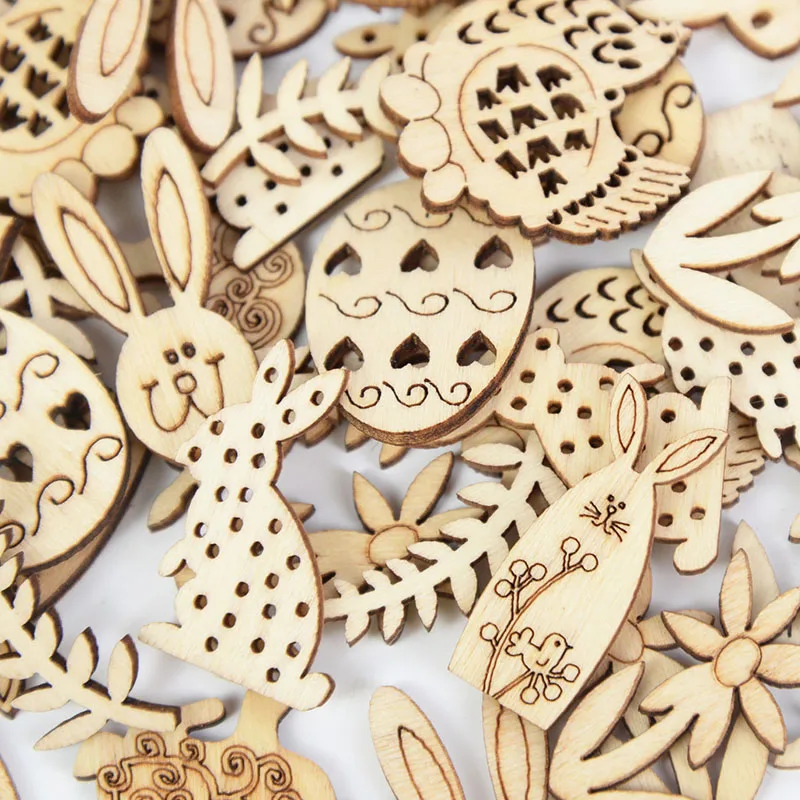 

100pcs Happy Easter Rabbit Eggs Wooden Craft Easter Decorations Home Party DIY Wood Chips Hanging Ornaments Natural Handcraft