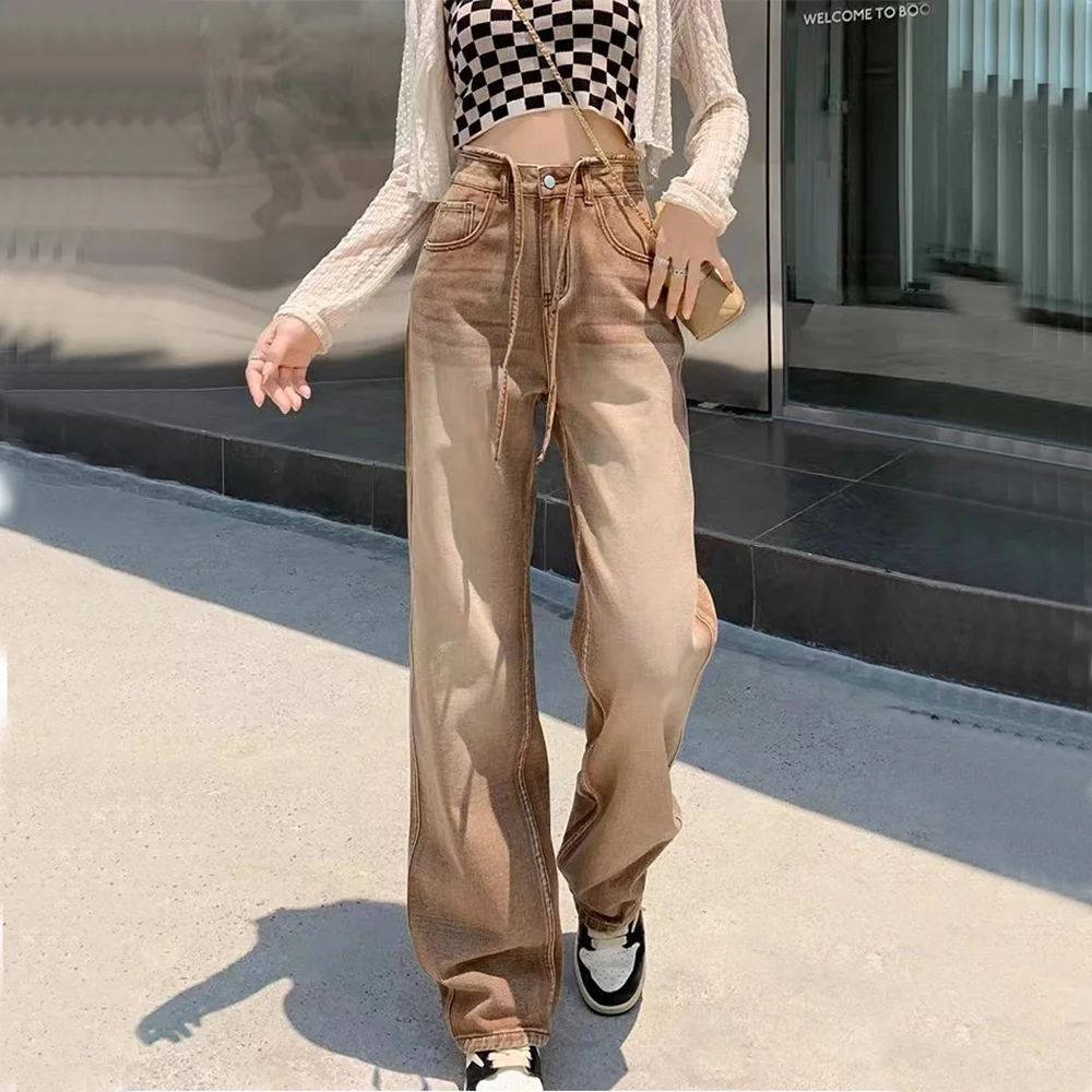 Vintage Y2K New Jeans Baggy Brown Gothic Pants High Waist Straight Tube Loose Sag Sense Lengthened Floor Pants Wide Leg Pants