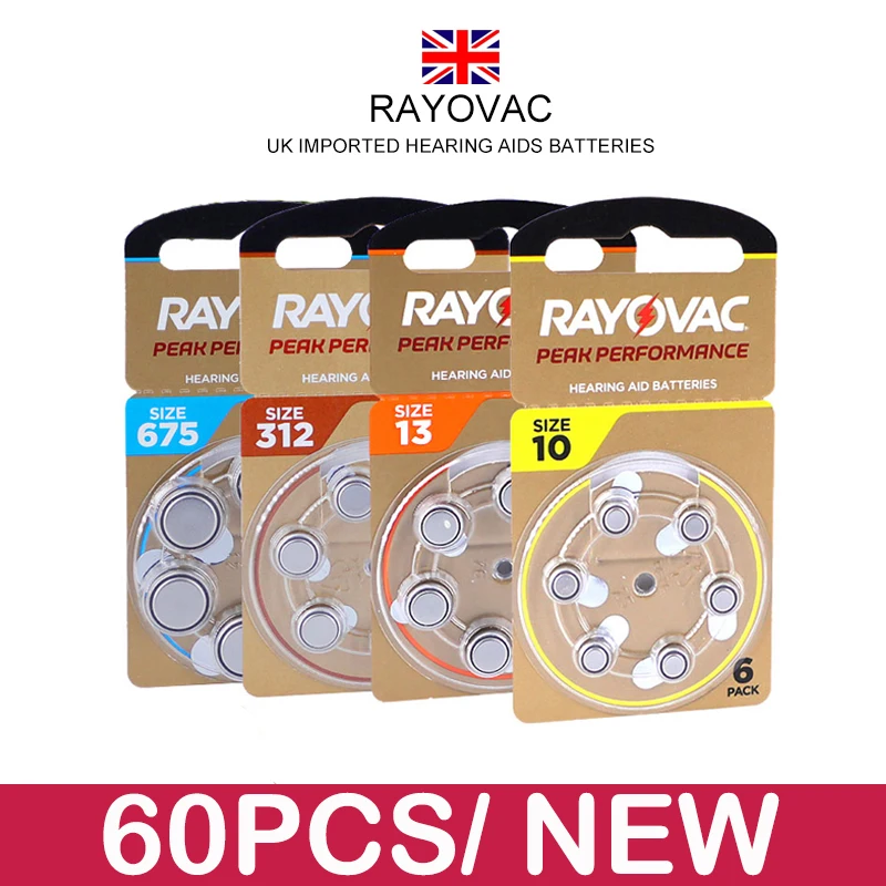 

Hearing Aid Batteries 60PCS / 10 Cards RAYOVAC PEAK 1.45V A312 10 A13 675 PR41 Zinc Air Battery For BTE CIC RIC OE Hearing Aids