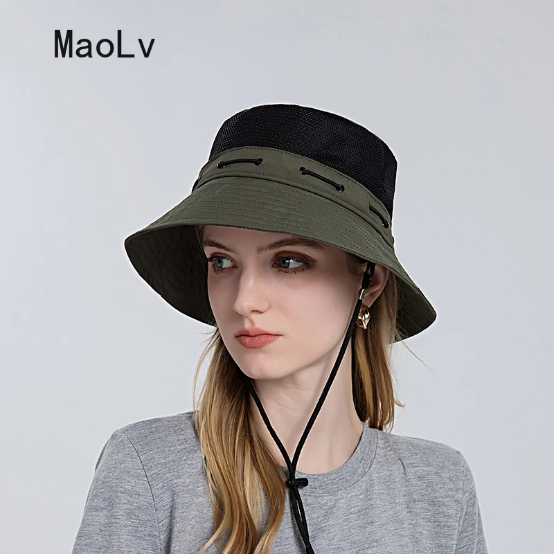 Fashion Bucket Hat Men Outdoor Fishing Hiking UV Anti Drawstring Hats Gorros Mujer Beach Sun Protection Cap Women Panama Bonnet