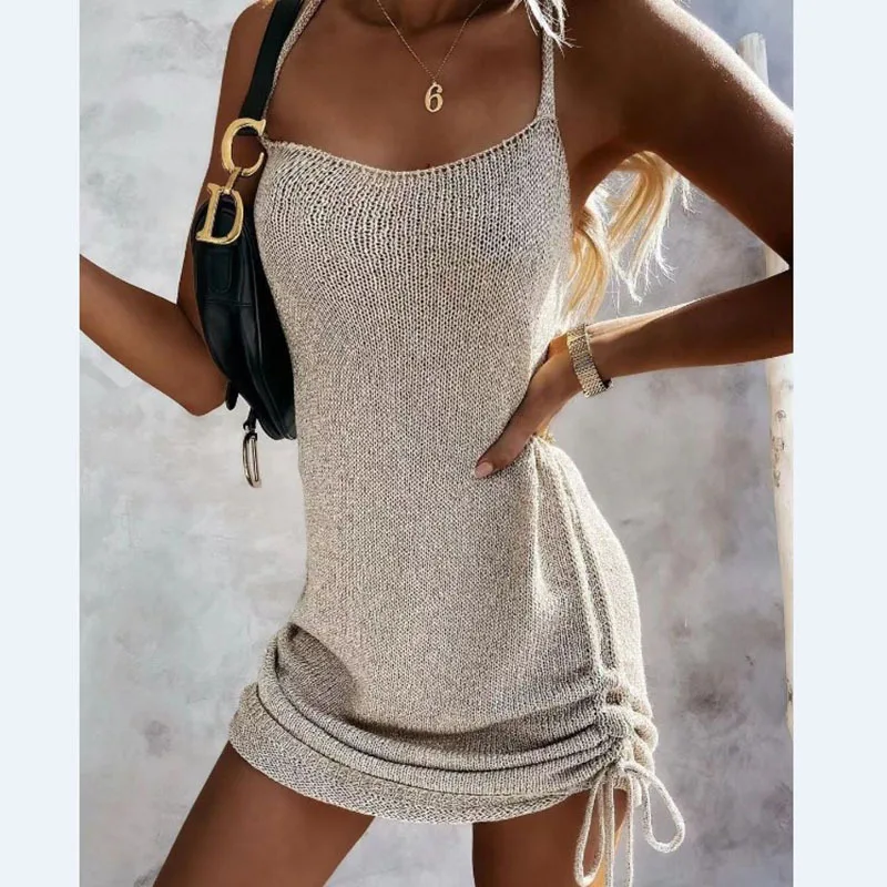 

Vestido women's summer sundresses new women's short solid color sexy knitted skirt women's sling drawstring woven dress