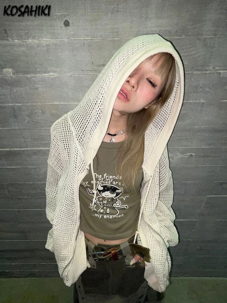 

Harajuku Hollow Out Knit Cardigan Women See Through Y2k Vintage Hoody Sweater Cardigans Grunge Smock Retro Tops Gothic