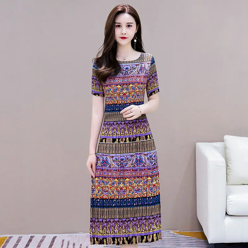 

Western-style slim and noble temperament mid-length skirt ethnic style printed pleated dress 2022 summer o neck dress female