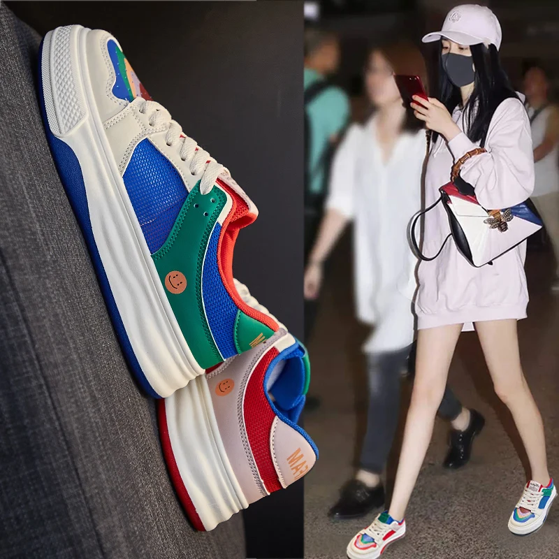 Cyber Star Style Microfiber  Leather Rainbow Personalized Trend and Breathability Shoes for Women and Increase Height By 3.5cm