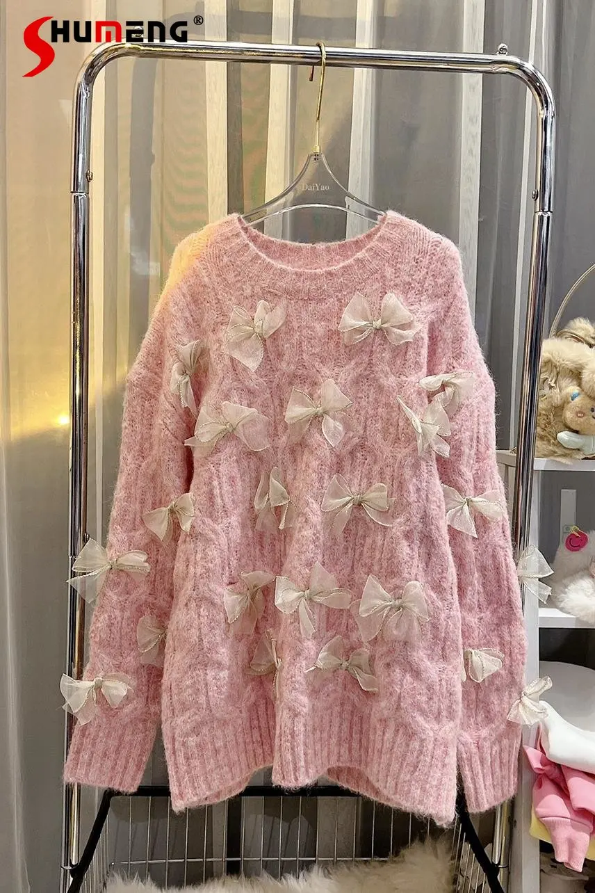 Autumn and Winter New Age-Reducing Thickened Mohair Winter Loose-Fitting Pink Sweater Women's Bow Design Tide Knitted Pullover