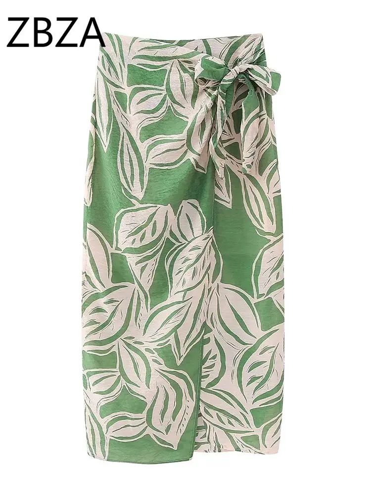 

ZBZA Green Print Long Skirt Women Pleated Midi Skirt Woman Knot Summer High Waist Skirts for Women 2023 Holiday Slit Women Skirt