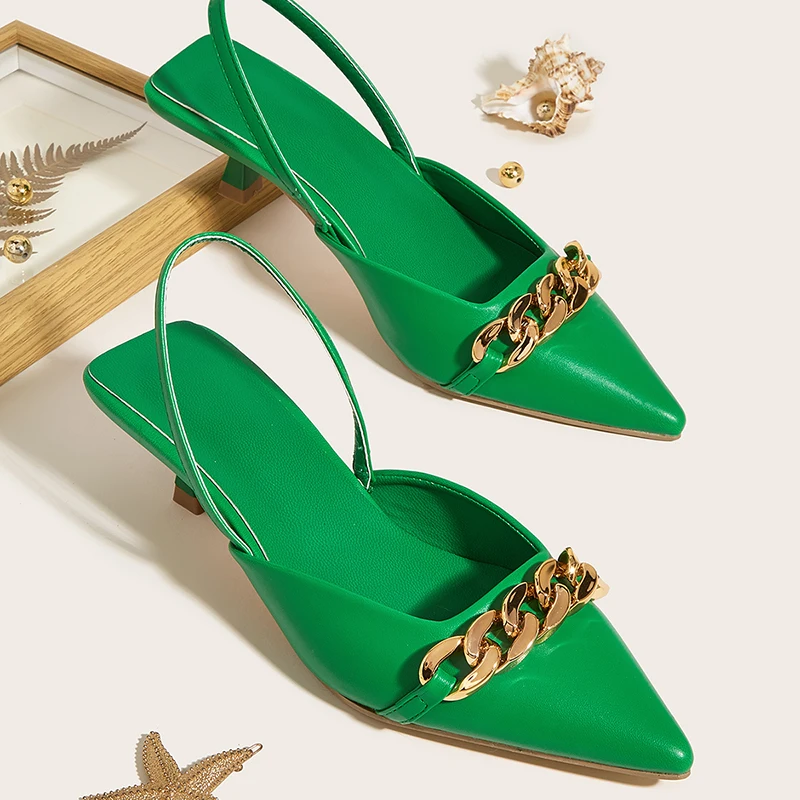 

Metal Chain Female Casual Outdoor Slides Slippers Pointed Toe Slingback Woman Pumps Shoes Party Ladies High Heels Mules Sandals