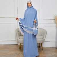 ramadan blue jilbab overhead abaya dubai hijab muslim prayer dress lace trim silky 2 piece abayas skirt sets niqab islam outift