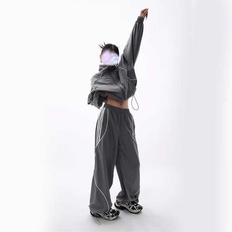 Spring Top Ladies Outdoor Sports Two-piece suit Grey Sport Coat Fashionable Loose Sweatpants Ladies Outdoor Training Jacket