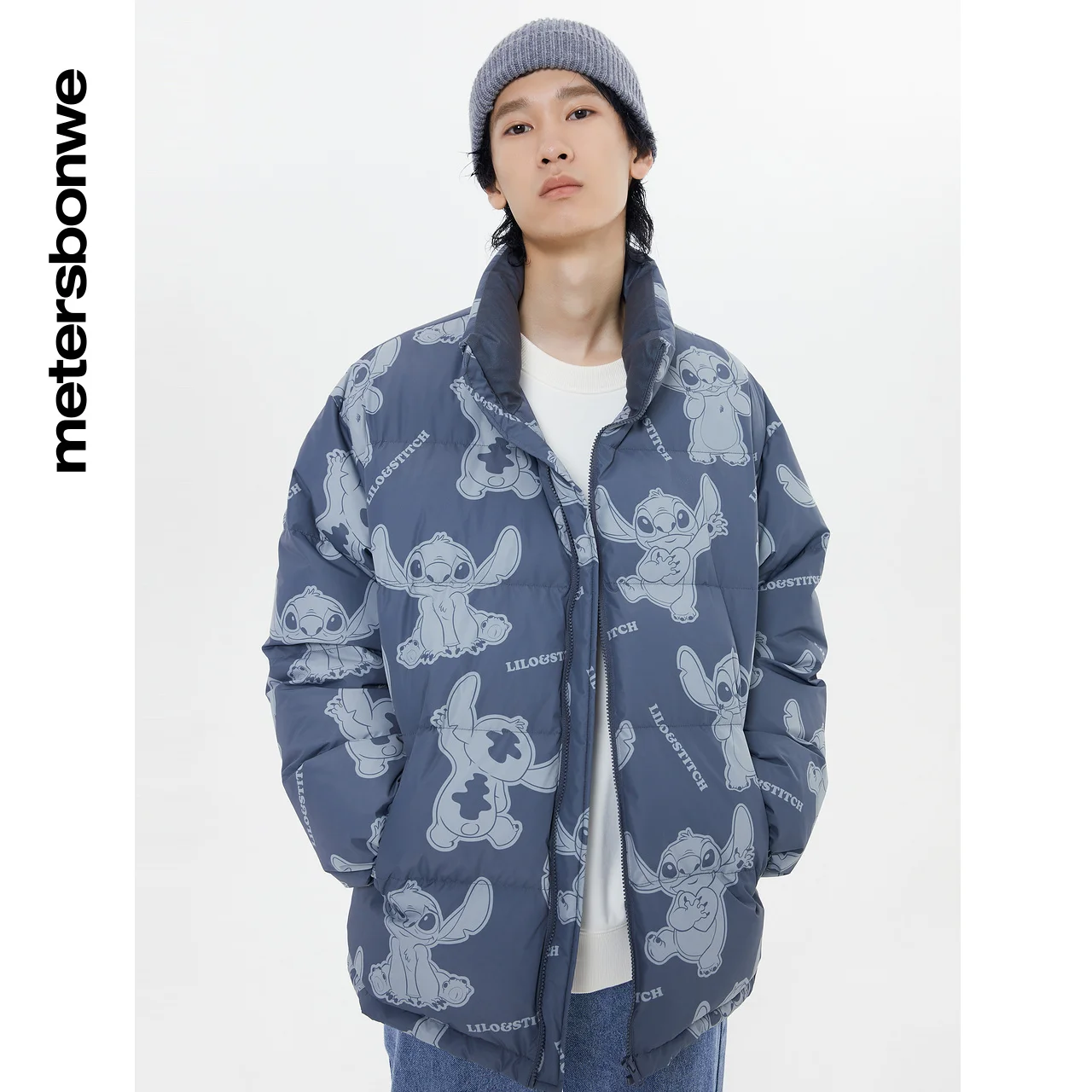 Metersbonwe Full Print Stand Collar Down Jackets Men Women 80%Duck Down Thick Warm Wear Young Student Loose Winter Down Coat